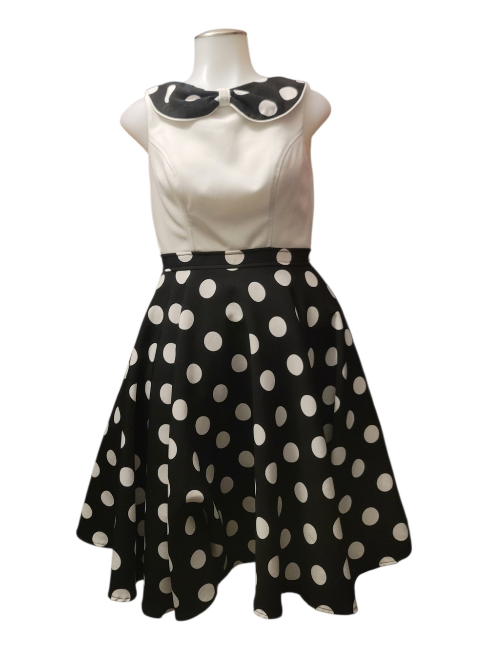 Pinup Black & White Polka Dot Fit-and-Flare Dress with Peter Pan Collar
